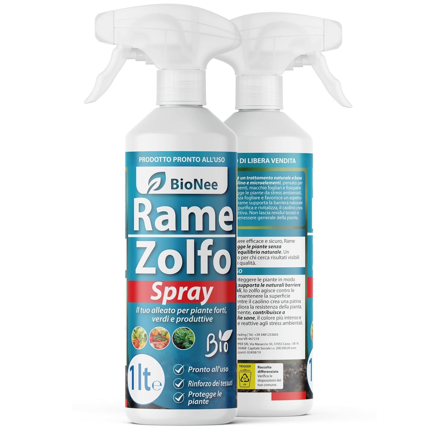 Rame Zolfo Spray – Trattamento naturale pronto all’uso per piante ornamentali, da frutto, orto e giardino – Con rame, zolfo, caolino e microelementi (1 lt)