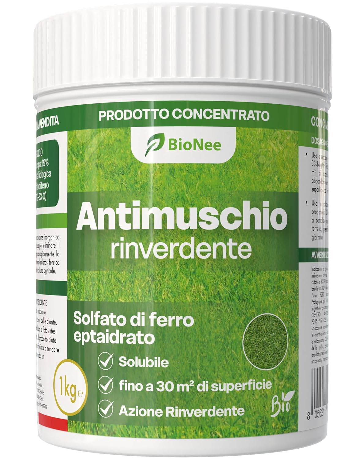 ANTIMUSCHIO RINVERDENTE 1kg – Solfato di Ferro Concentrato – Azione Rapida contro Muschio, Clorosi Ferrica e Rinverdimento Prato – Consentito in Agricoltura Biologica
