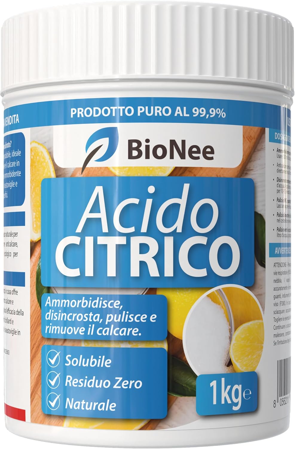 Acido Citrico Monoidrato Puro 99,9% – 1 kg | Naturale, Solubile, Residuo Zero | Ammorbidente Lavatrice, Anticalcare Lavastoviglie, Disincrostante Ecologico