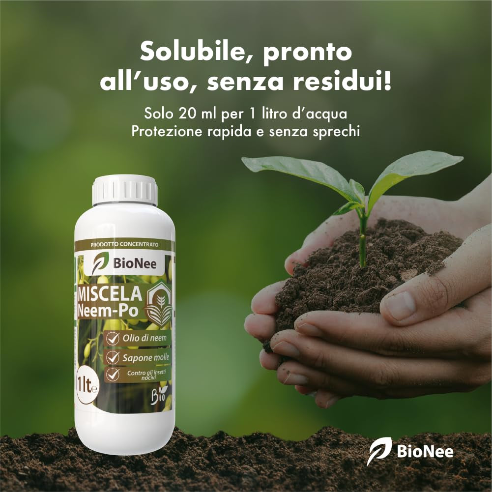 Miscela Neem-Po per Piante Biologico | Olio Di Neem + Sapone Molle Di Potassio Solubile Ottimo Contro Le Avversità Esterne Di Orto, Prato E Giardino 1 Lt