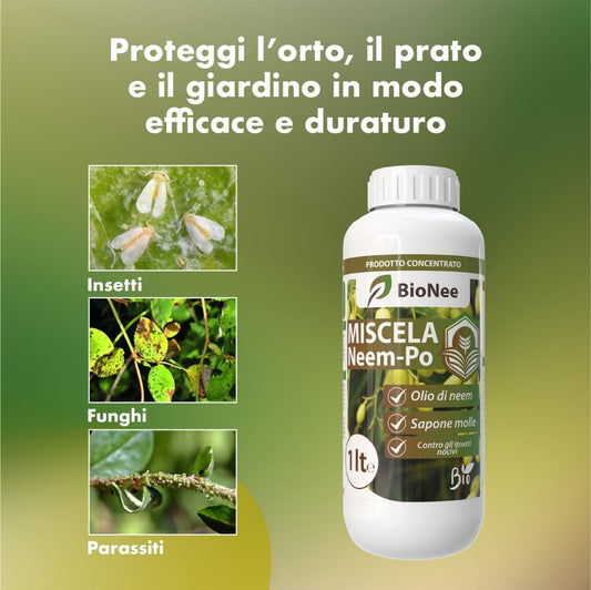 Miscela Neem-Po per Piante Biologico | Olio Di Neem + Sapone Molle Di Potassio Solubile Ottimo Contro Le Avversità Esterne Di Orto, Prato E Giardino 1 Lt