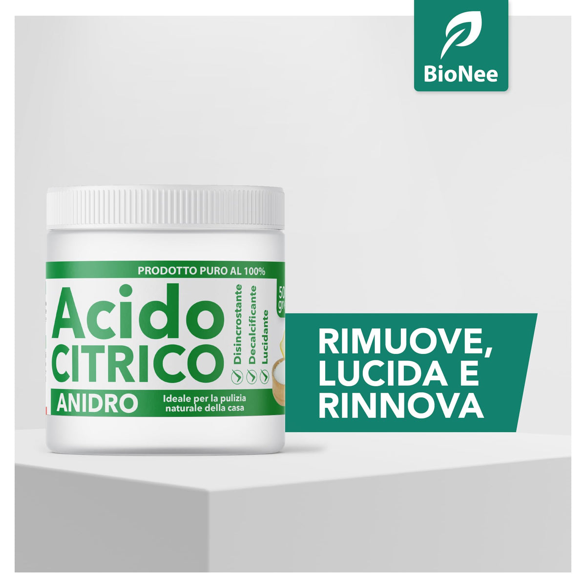 BioNee Acido Citrico Anidro Puro 500g – Polvere Naturale per Pulizia Domestica | Anticalcare, Ammorbidente, Disincrostante e Detergente Multiuso