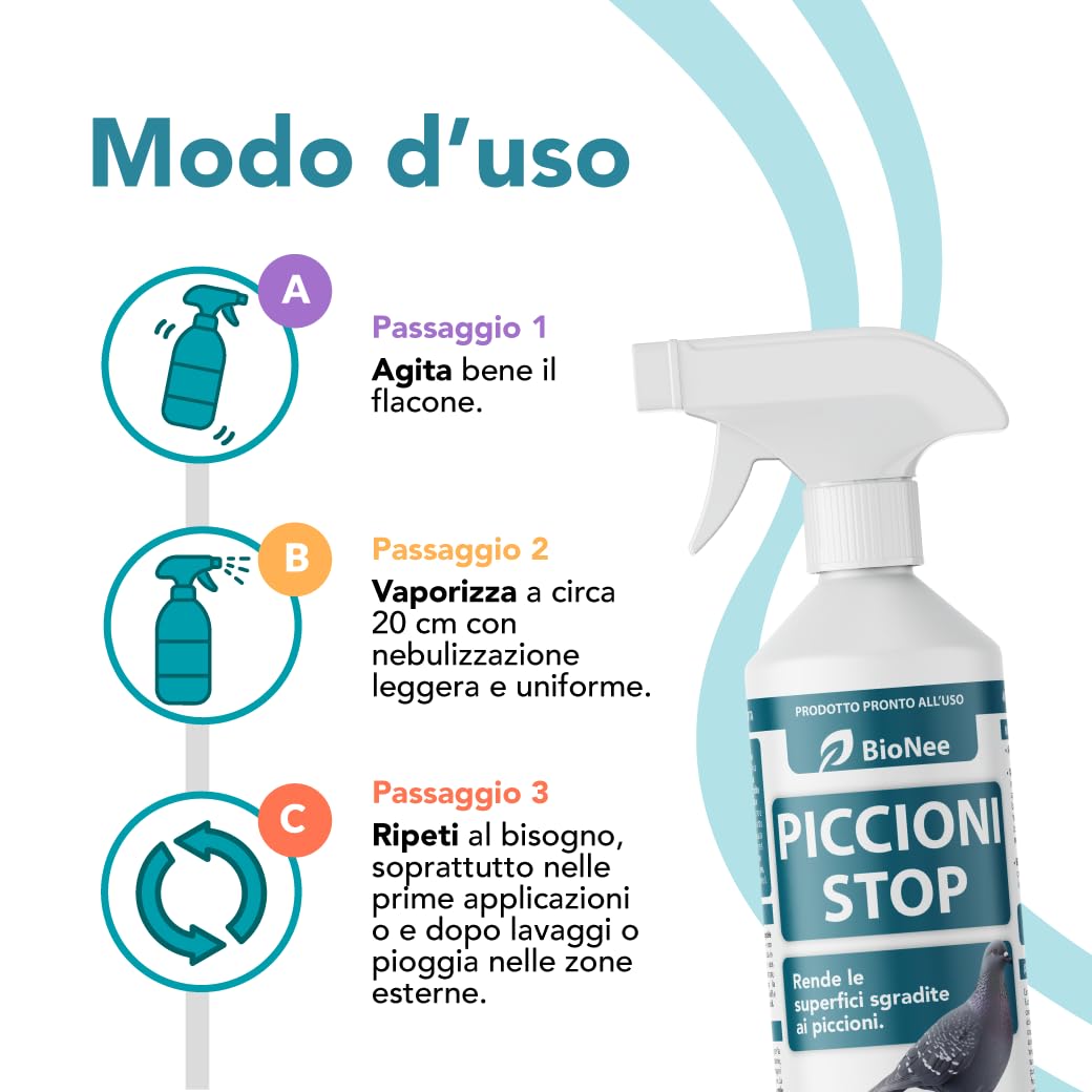 BioNee Piccioni Stop 500 ml – Spray con barriera olfattiva per allontanare piccioni e volatili, per balconi e terrazzi