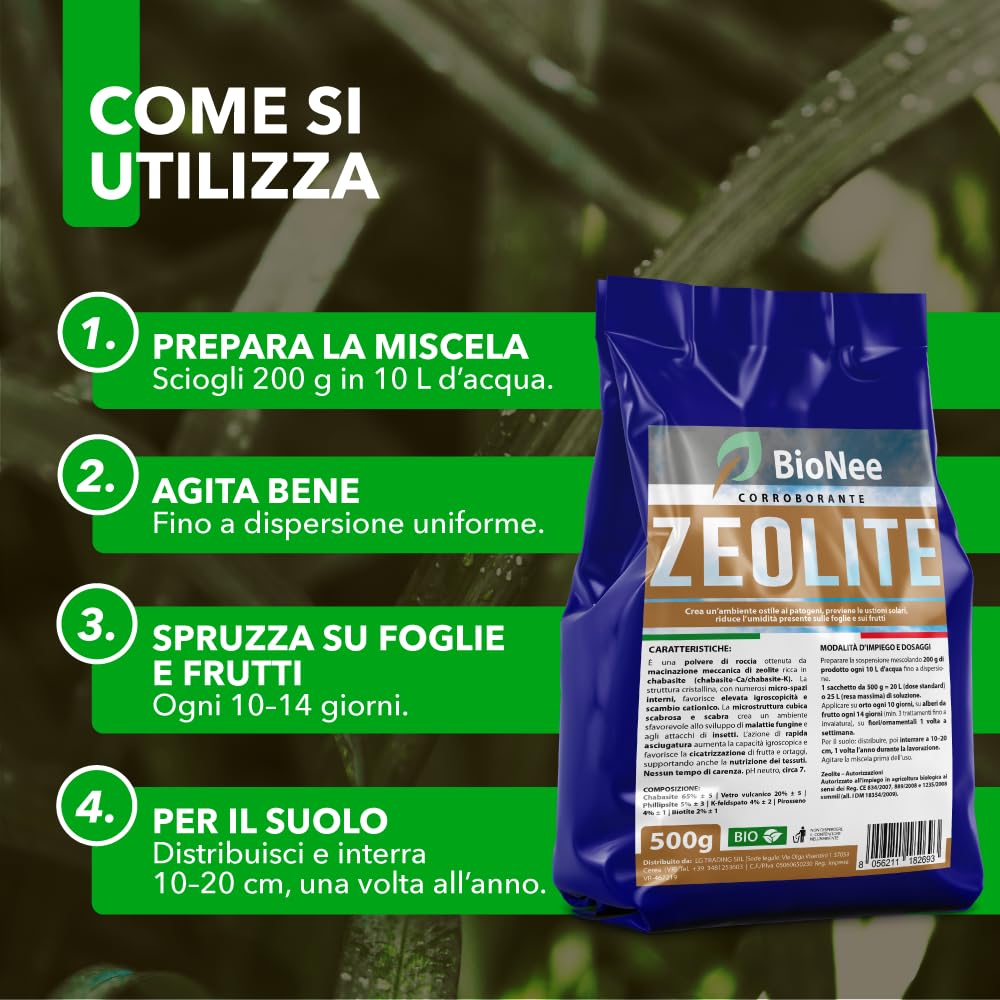 Zeolite BioNee 500 g – Polvere di Roccia Naturale Corroborante per Piante | Azione Igroscopica Anti-Umidità su Foglie e Frutti | Protegge da Stress Solare | Consentita in Agricoltura Biologica