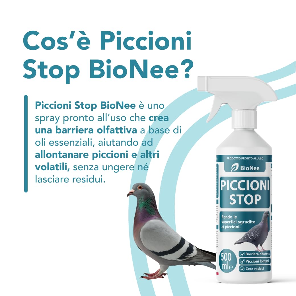 BioNee Piccioni Stop 500 ml – Spray con barriera olfattiva per allontanare piccioni e volatili, per balconi e terrazzi