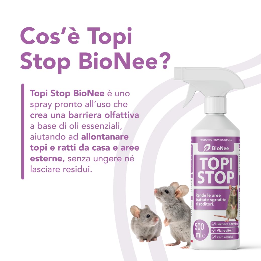 Topi Stop Spray Disabituante Topi 500 ml – Odore Sgradito ai Roditori per Ridurre i Passaggi – Non Letale, Pronto all’Uso, Per Interni ed Esterni