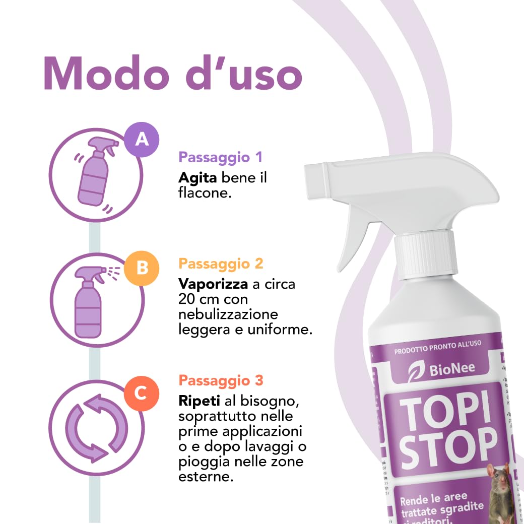 Topi Stop Spray Disabituante Topi 500 ml – Odore Sgradito ai Roditori per Ridurre i Passaggi – Non Letale, Pronto all’Uso, Per Interni ed Esterni