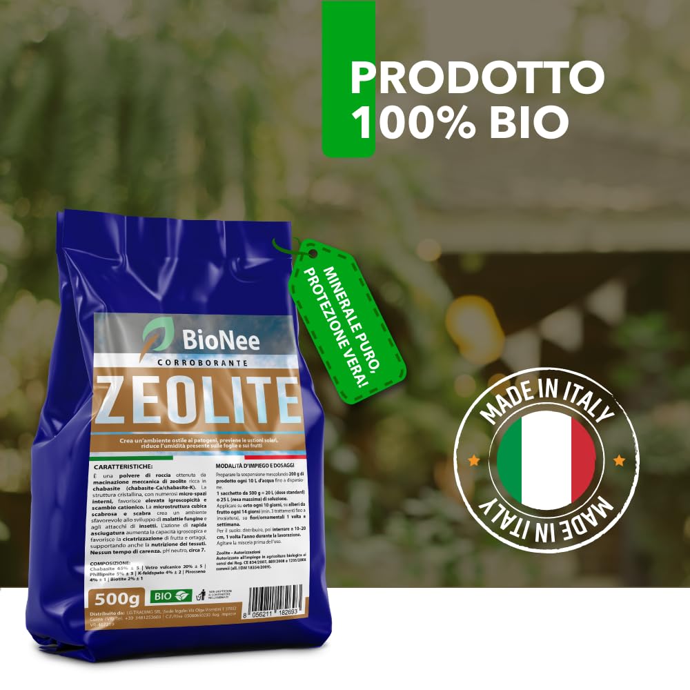 Zeolite BioNee 500 g – Polvere di Roccia Naturale Corroborante per Piante | Azione Igroscopica Anti-Umidità su Foglie e Frutti | Protegge da Stress Solare | Consentita in Agricoltura Biologica