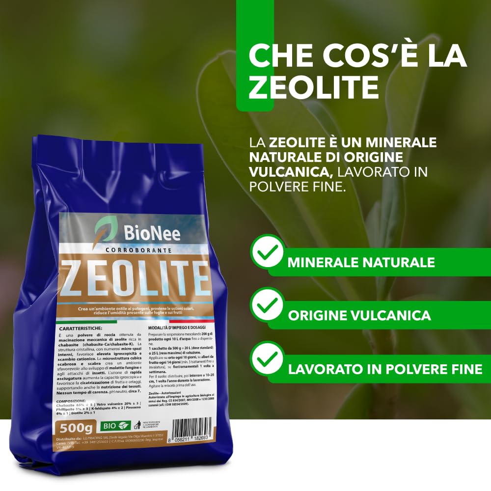 Zeolite BioNee 500 g – Polvere di Roccia Naturale Corroborante per Piante | Azione Igroscopica Anti-Umidità su Foglie e Frutti | Protegge da Stress Solare | Consentita in Agricoltura Biologica