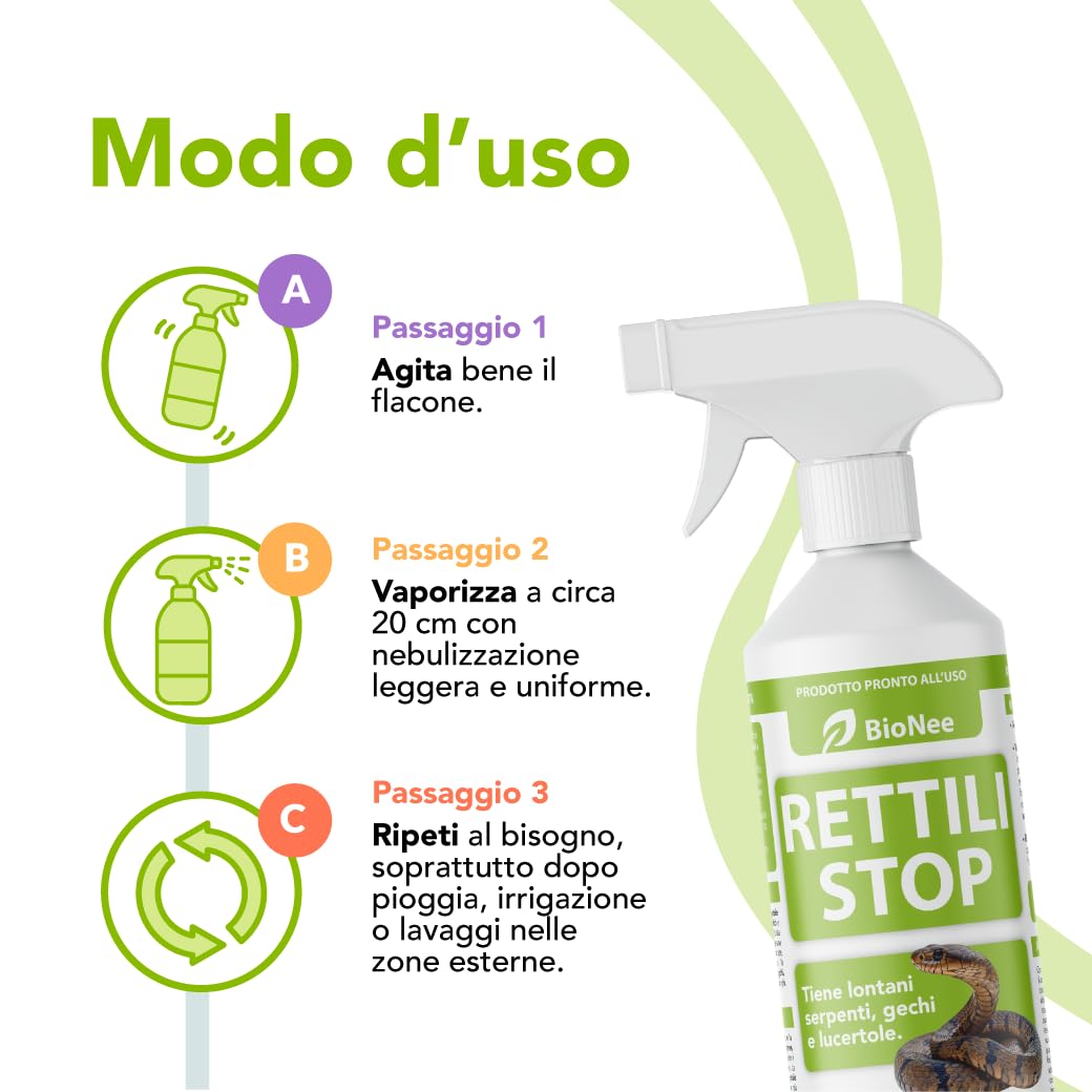 Bionee Rettili Stop 500 ml – Spray disabituante per rettili (Serpenti, gechi, lucertole), per Interni ed Esterni