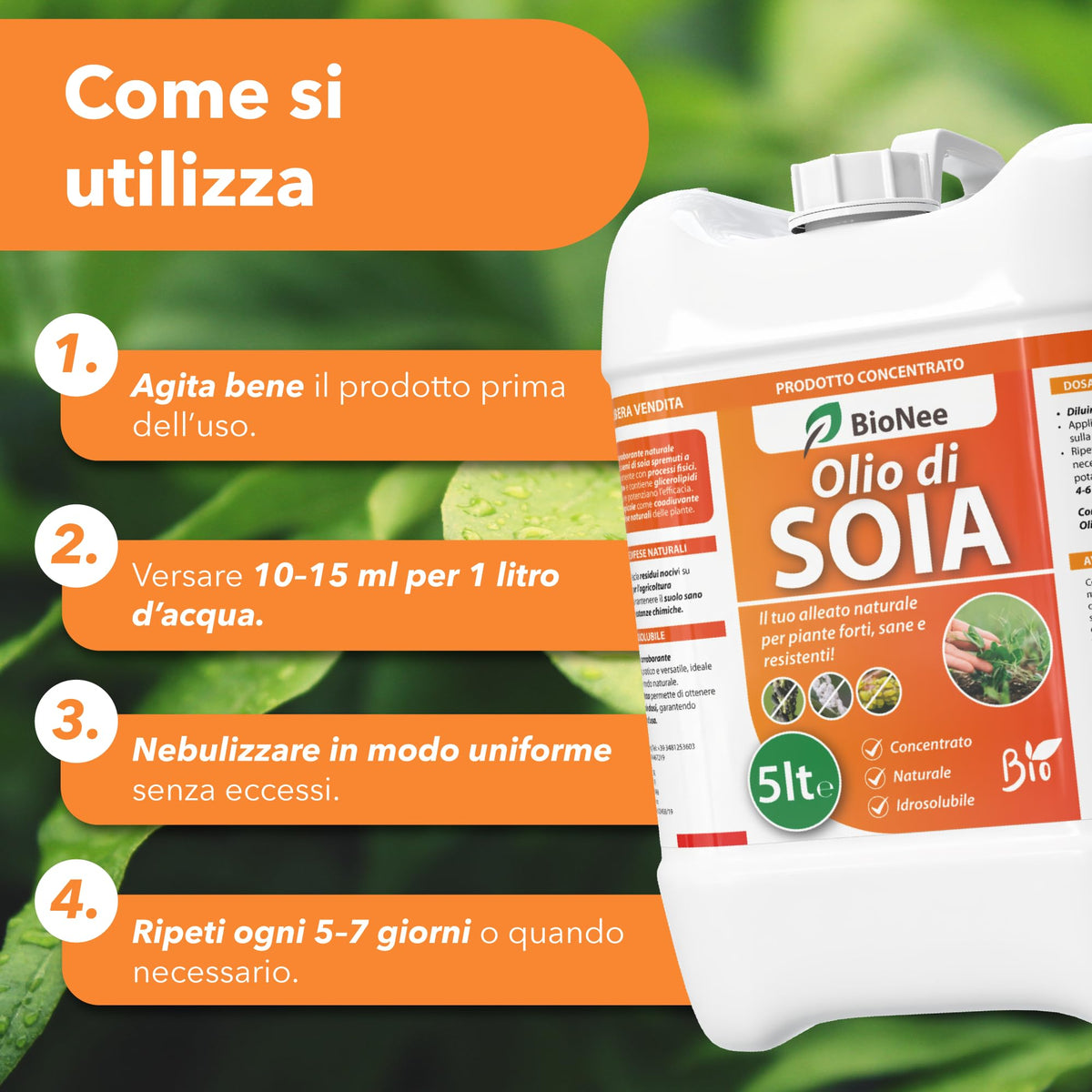 BioNee Olio di Soia Concentrato – Corroborante Naturale Vegetale per Piante Forti e Resistenti | Potenziatore delle Difese Naturali | Concentrato Idrosolubile (5 litri)