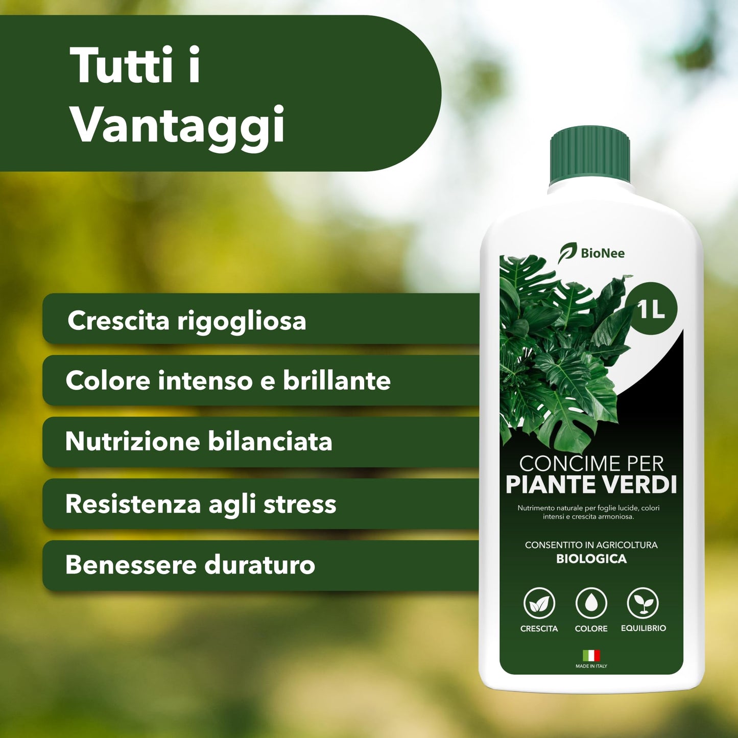 BioNee Concime Biologico per Piante Verdi 1L – Nutrimento Naturale per Foglie Lucide e Colori Intensi | Stimola Crescita e Vitalità delle Piante da Interno ed Esterno