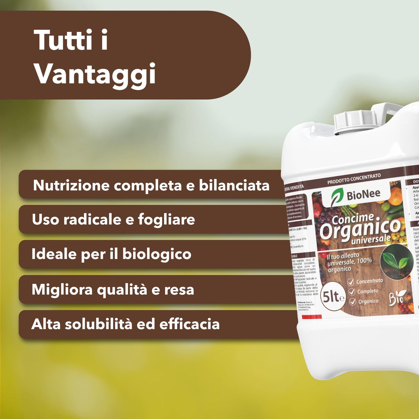 Concime Universale Organico Liquido – Ricco di Aminoacidi – Uso Radicale e Fogliare – Consentito in Agricoltura Biologica – Nutriente per Piante Vigorose (5 litri)