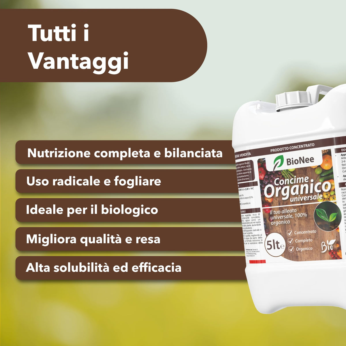Concime Universale Organico Liquido – Ricco di Aminoacidi – Uso Radicale e Fogliare – Consentito in Agricoltura Biologica – Nutriente per Piante Vigorose (5 litri)