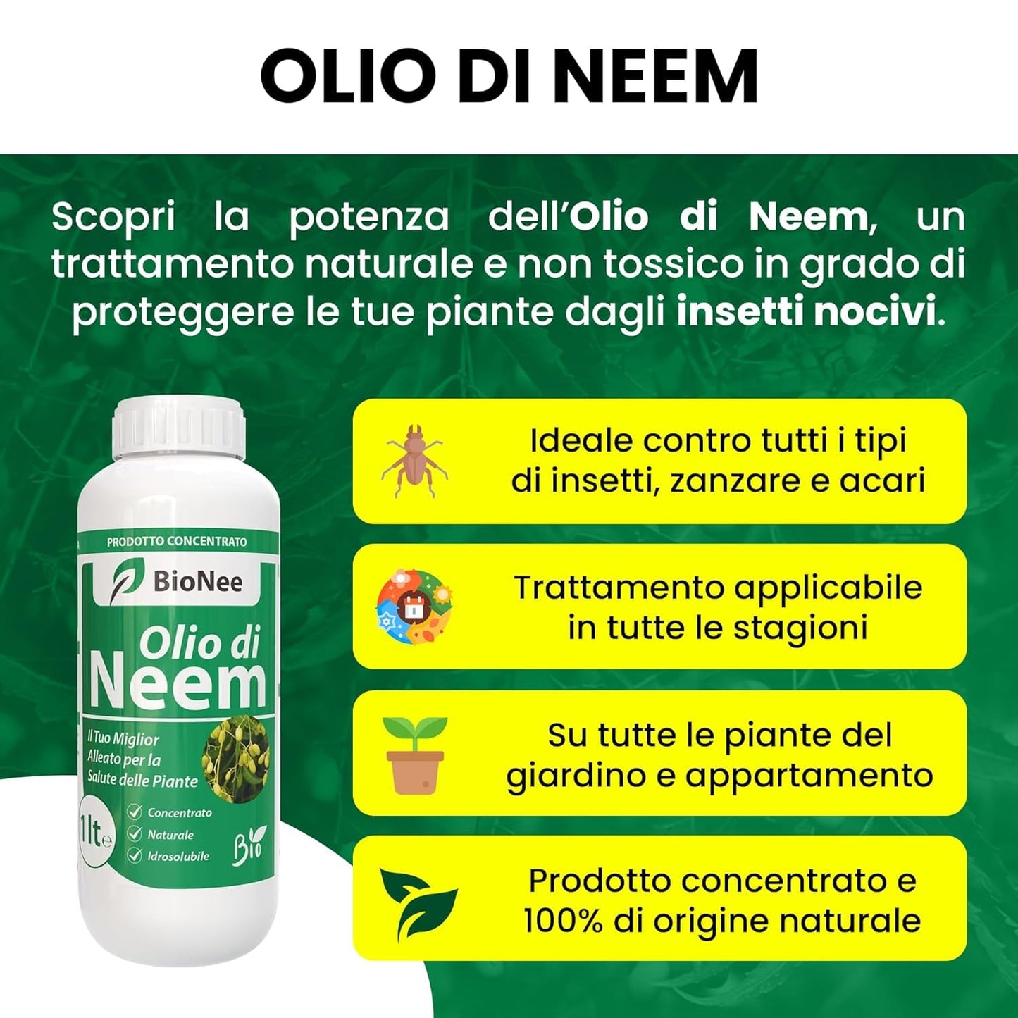 Olio di Neem - insetticida naturale Concentrato - biologico solubile in acqua (1 litro)
