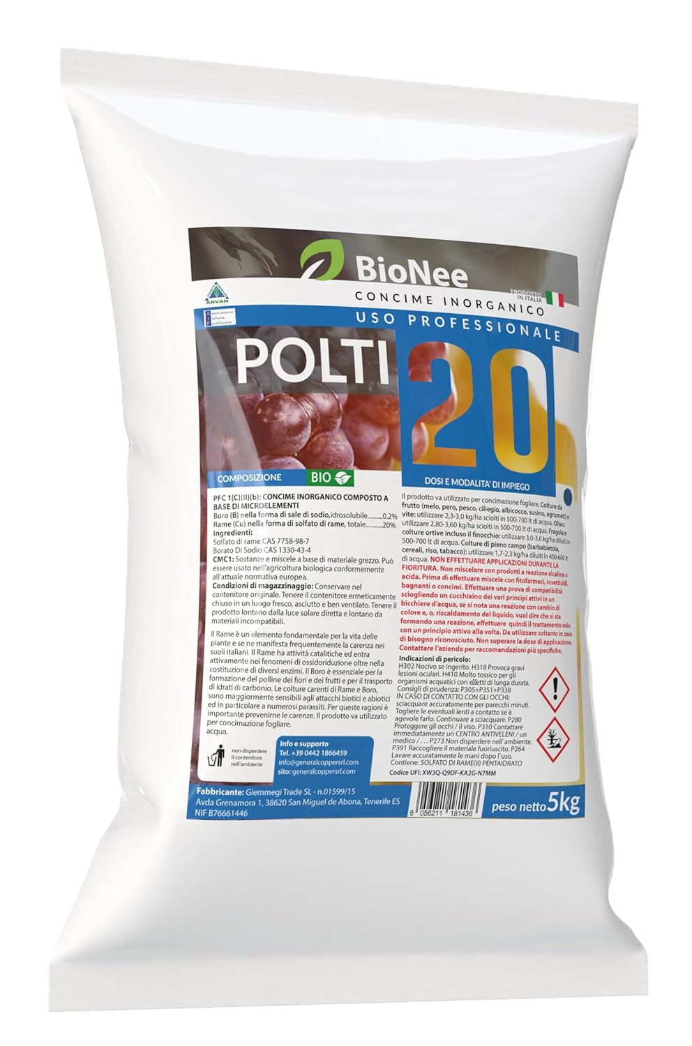Poltiglia Bordolese Rameica - POLTI 20 | Concime Inorganico a Base di Solfato di Rame | Supporto Nutrizionale per Piante e Colture 5 kg 