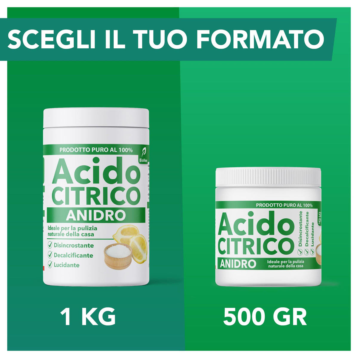 BioNee Acido Citrico Anidro Puro 500g – Polvere Naturale per Pulizia Domestica | Anticalcare, Ammorbidente, Disincrostante e Detergente Multiuso