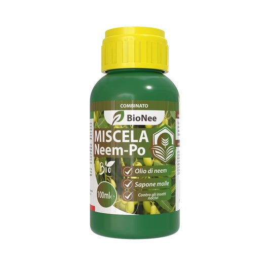 Miscela Neem-Po per Piante Biologico (100 ml) Olio di Neem + Sapone molle di potassio Solubile Ottimo Contro le Avversità Esterne di Orto, Prato e Giardino 