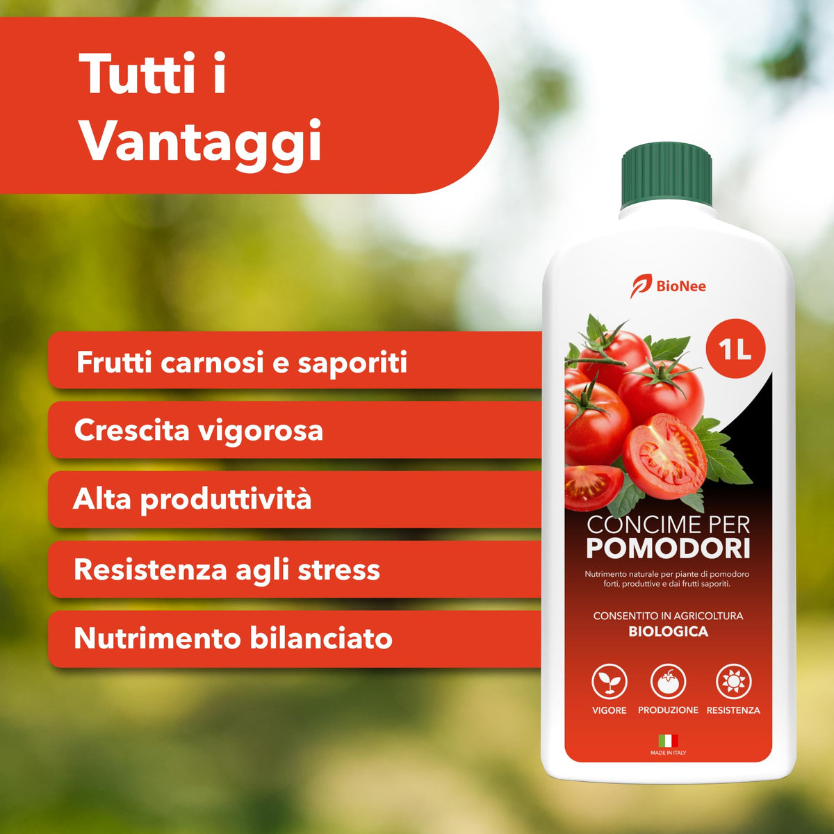 BioNee Concime Biologico per Pomodori 1L – Nutrimento Naturale per Piante Produttive e Frutti Carnosi | Esalta Colore, Gusto e Vigore | Consentito in Agricoltura Biologica