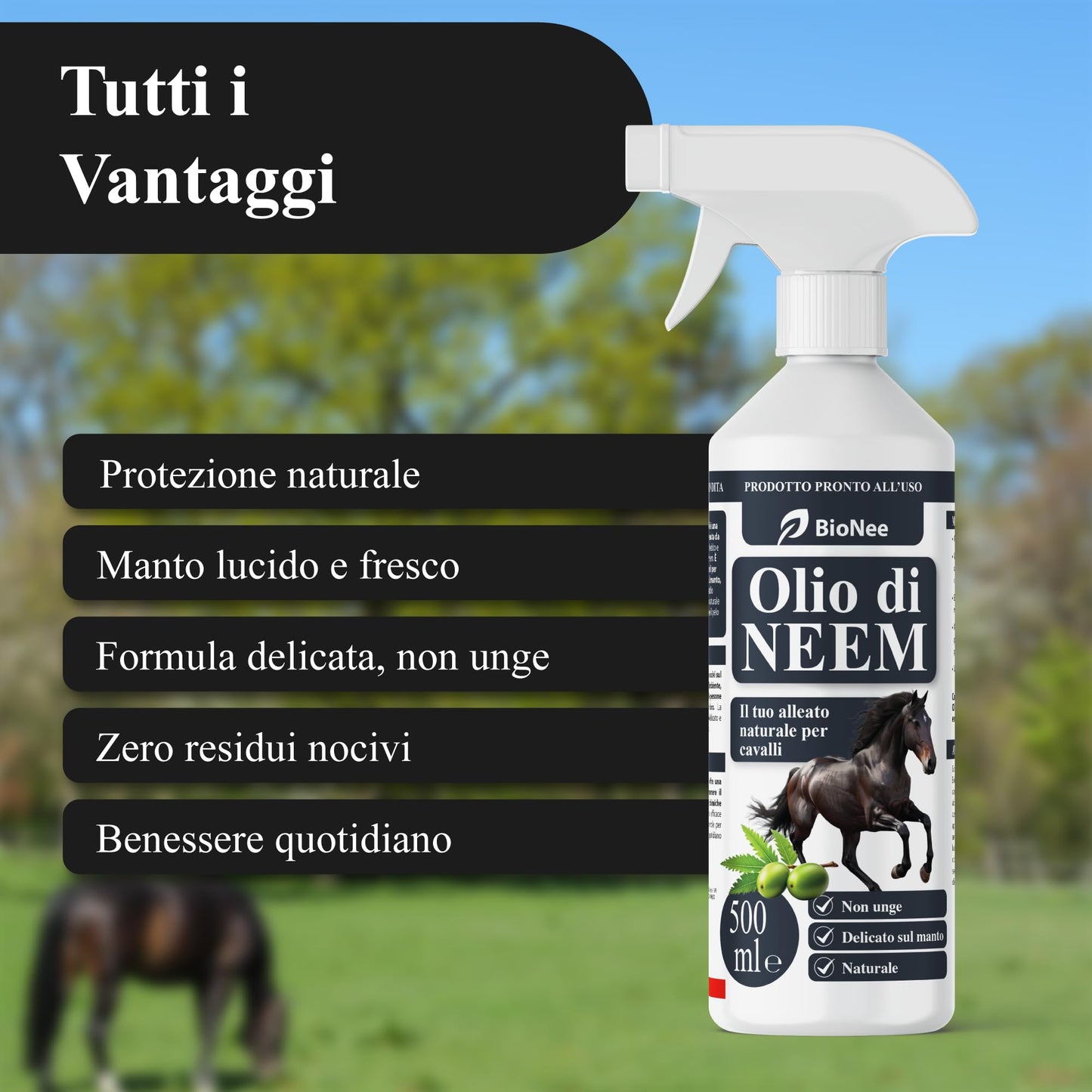 Bionee Olio di Neem Spray Cavalli 500 ml – Lozione Naturale Pronta all’Uso, Azione Protettiva contro Insetti e Parassiti, Non Unge, Delicato sul Manto, Idrosolubile