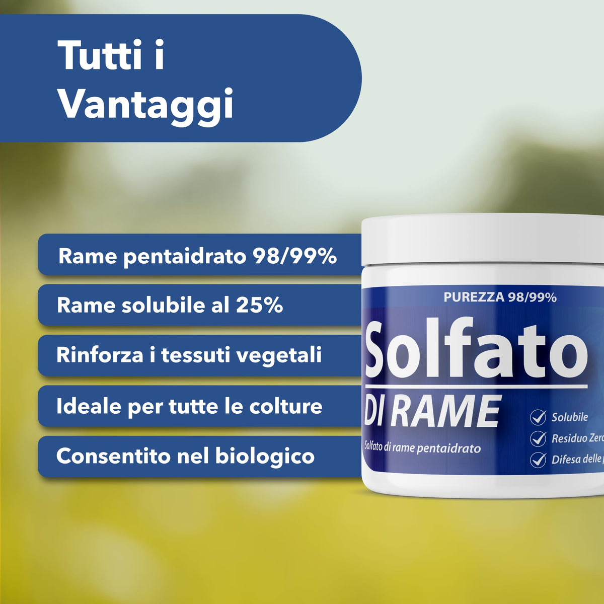 Solfato di Rame | Concime Inorganico Puro 98/99% | Rame Solubile 25% | Uso Agricolo e Biologico | Residuo Zero | Rame Pentaidrato per Orto e Giardino 500 gr