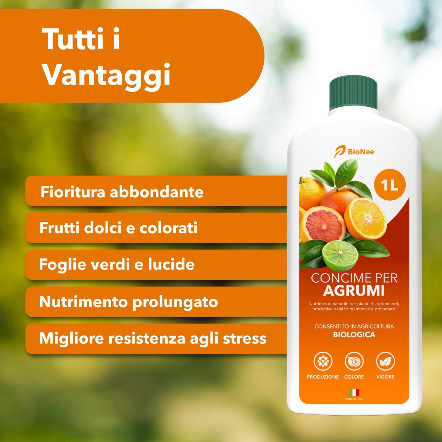 BioNee Concime per Agrumi Biologico 1L – Nutrimento Naturale per Limoni, Aranci e Mandarini | Rafforza le Radici, Esalta Aroma e Colore dei Frutti | Consentito in Agricoltura Biologica