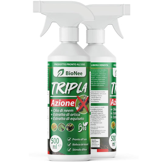 Tripla Azione Spray 500ml| Con Olio di Neem, Estratto di Ortica ed Equiseto | Naturale, Pronto all'Uso, Zero Residui | Protezione e Rinforzo per Piante e Orto 