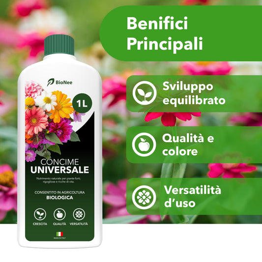 BioNee Concime Universale Biologico 1L – Nutrimento Naturale per Tutte le Piante | Crescita Equilibrata, Fertilità del Terreno e Colori più Vivi | Consentito in Agricoltura Biologica