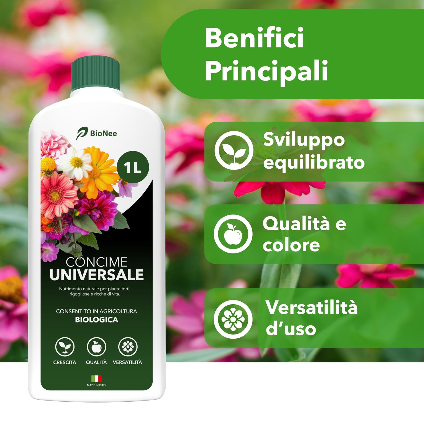 BioNee Concime Universale Biologico 1L – Nutrimento Naturale per Tutte le Piante | Crescita Equilibrata, Fertilità del Terreno e Colori più Vivi | Consentito in Agricoltura Biologica