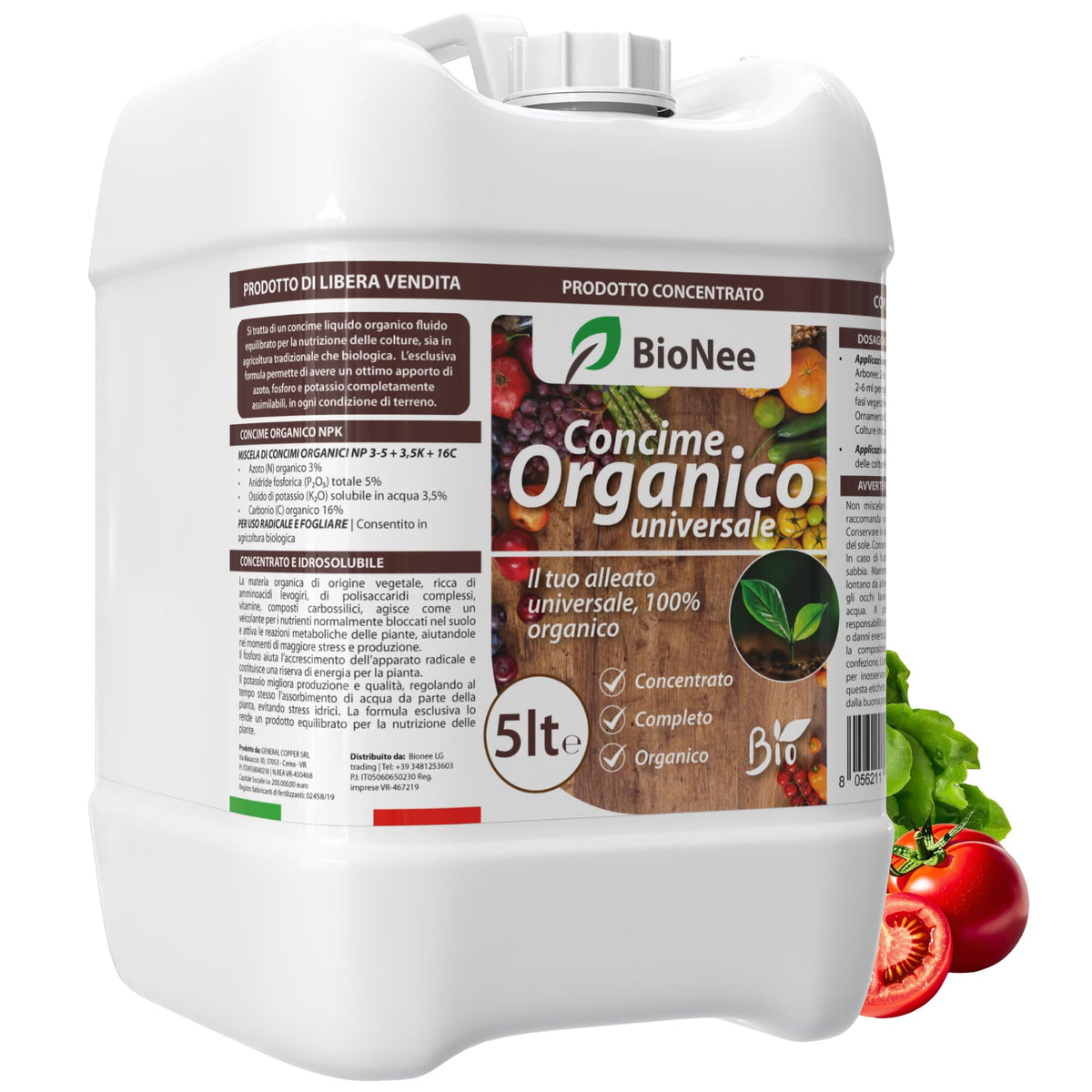 Concime Universale Organico Liquido – Ricco di Aminoacidi – Uso Radicale e Fogliare – Consentito in Agricoltura Biologica – Nutriente per Piante Vigorose (5 litri)