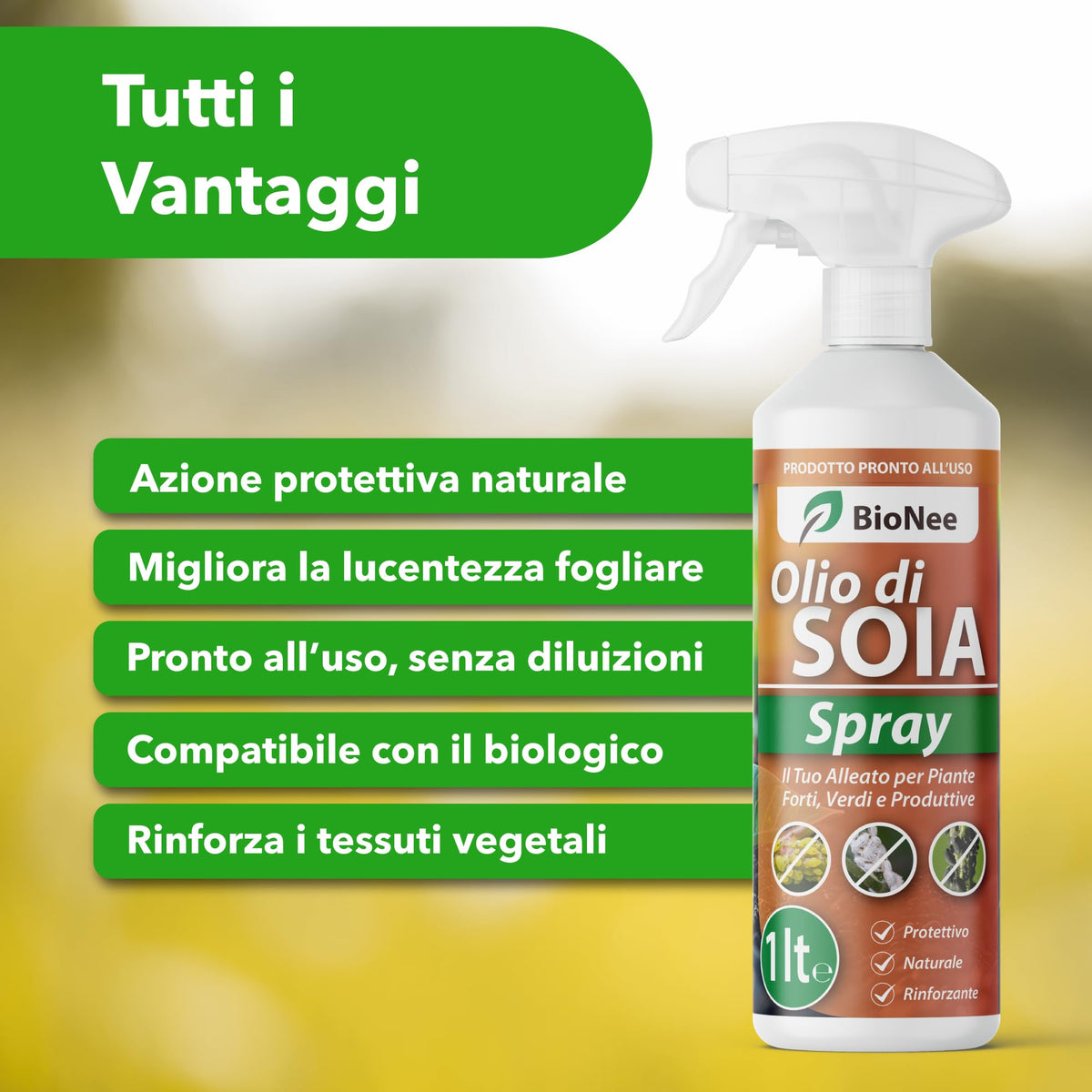 BioNee Olio Bianco di Soia Spray 1l – Protettivo Naturale per Piante, Rinforzante e Lucidante Fogliare – Pronto all’Uso