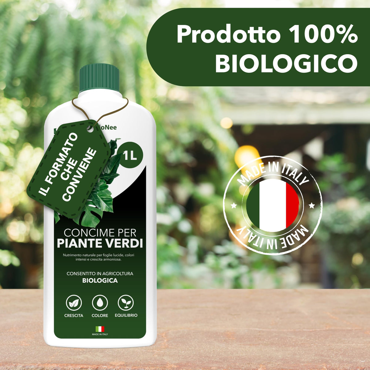 BioNee Concime Biologico per Piante Verdi 1L – Nutrimento Naturale per Foglie Lucide e Colori Intensi | Stimola Crescita e Vitalità delle Piante da Interno ed Esterno