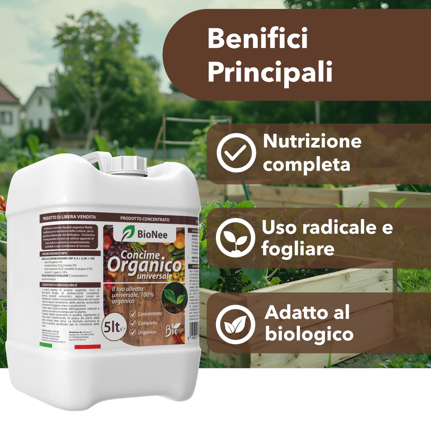 Concime Universale Organico Liquido – Ricco di Aminoacidi – Uso Radicale e Fogliare – Consentito in Agricoltura Biologica – Nutriente per Piante Vigorose (5 litri)