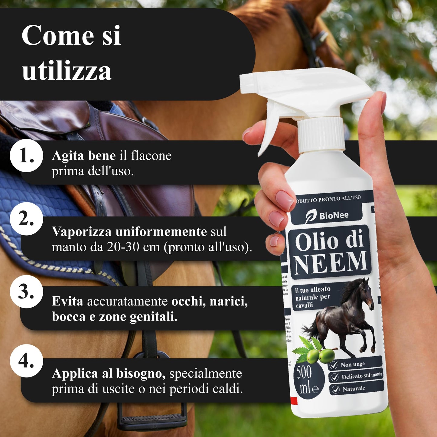 Bionee Olio di Neem Spray Cavalli 500 ml – Lozione Naturale Pronta all’Uso, Azione Protettiva contro Insetti e Parassiti, Non Unge, Delicato sul Manto, Idrosolubile
