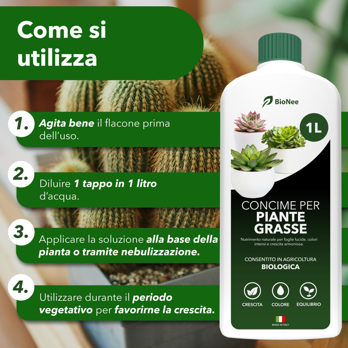 BioNee Concime Biologico per Piante Grasse 1L – Nutrimento Naturale per Cactus e Succulente | Favorisce Colori Intensi, Foglie Lucide e Crescita Armoniosa