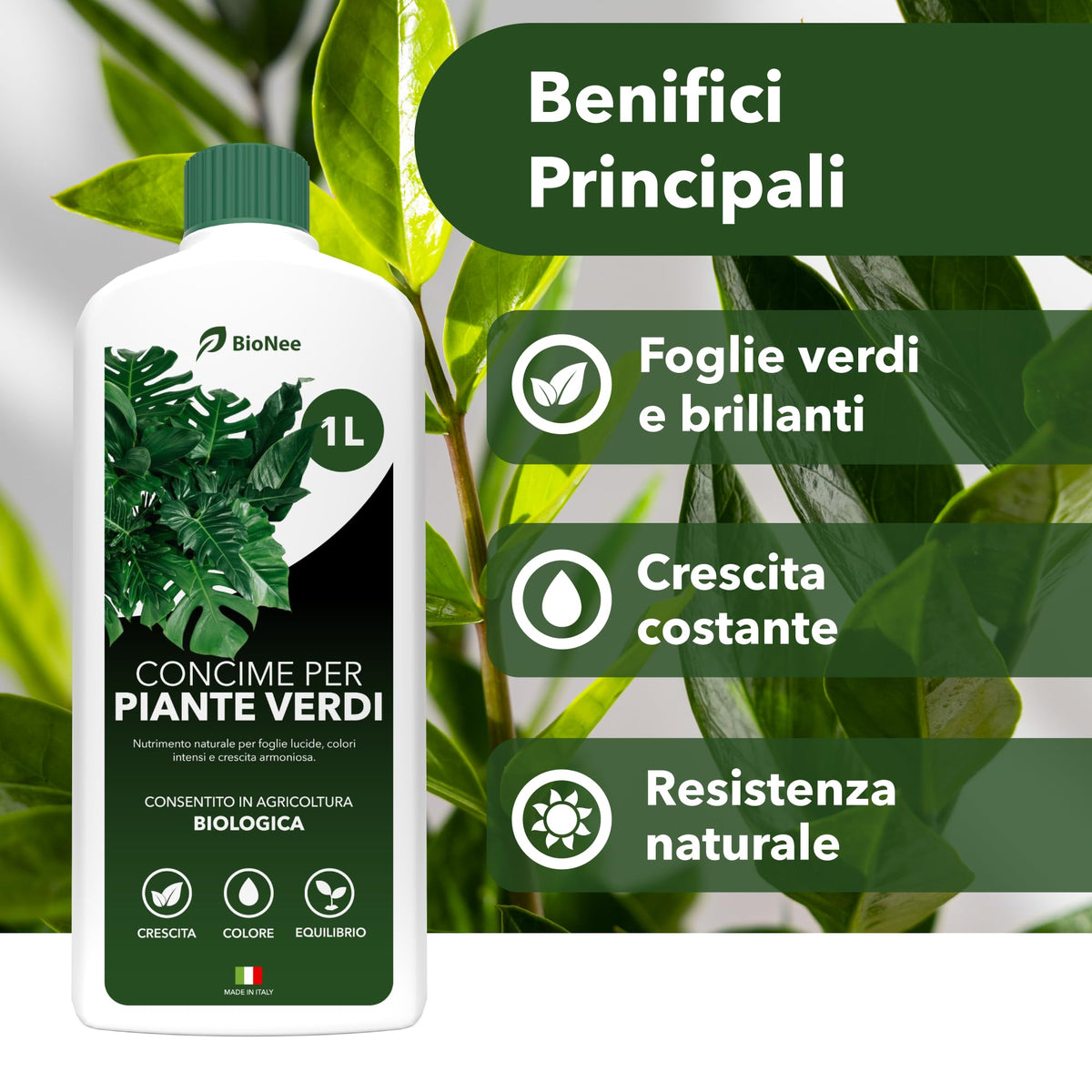BioNee Concime Biologico per Piante Verdi 1L – Nutrimento Naturale per Foglie Lucide e Colori Intensi | Stimola Crescita e Vitalità delle Piante da Interno ed Esterno