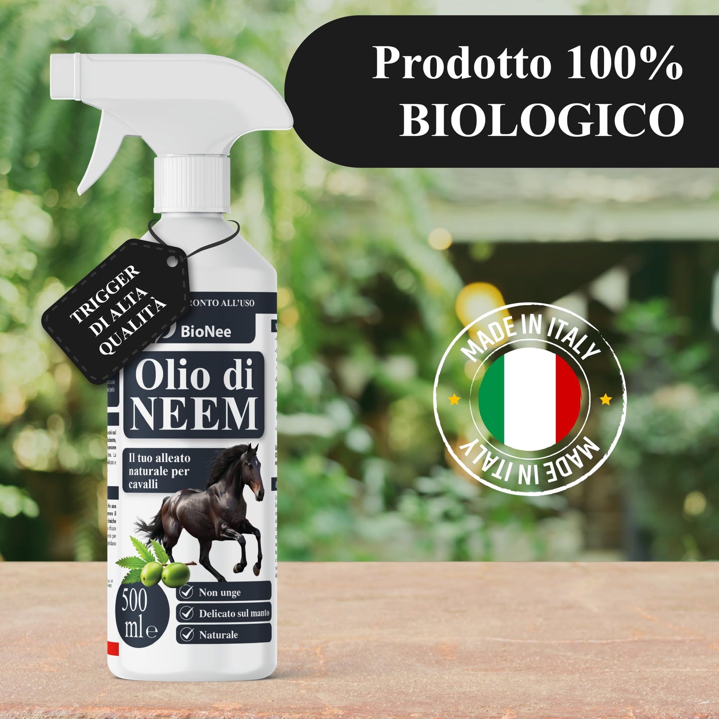Bionee Olio di Neem Spray Cavalli 500 ml – Lozione Naturale Pronta all’Uso, Azione Protettiva contro Insetti e Parassiti, Non Unge, Delicato sul Manto, Idrosolubile