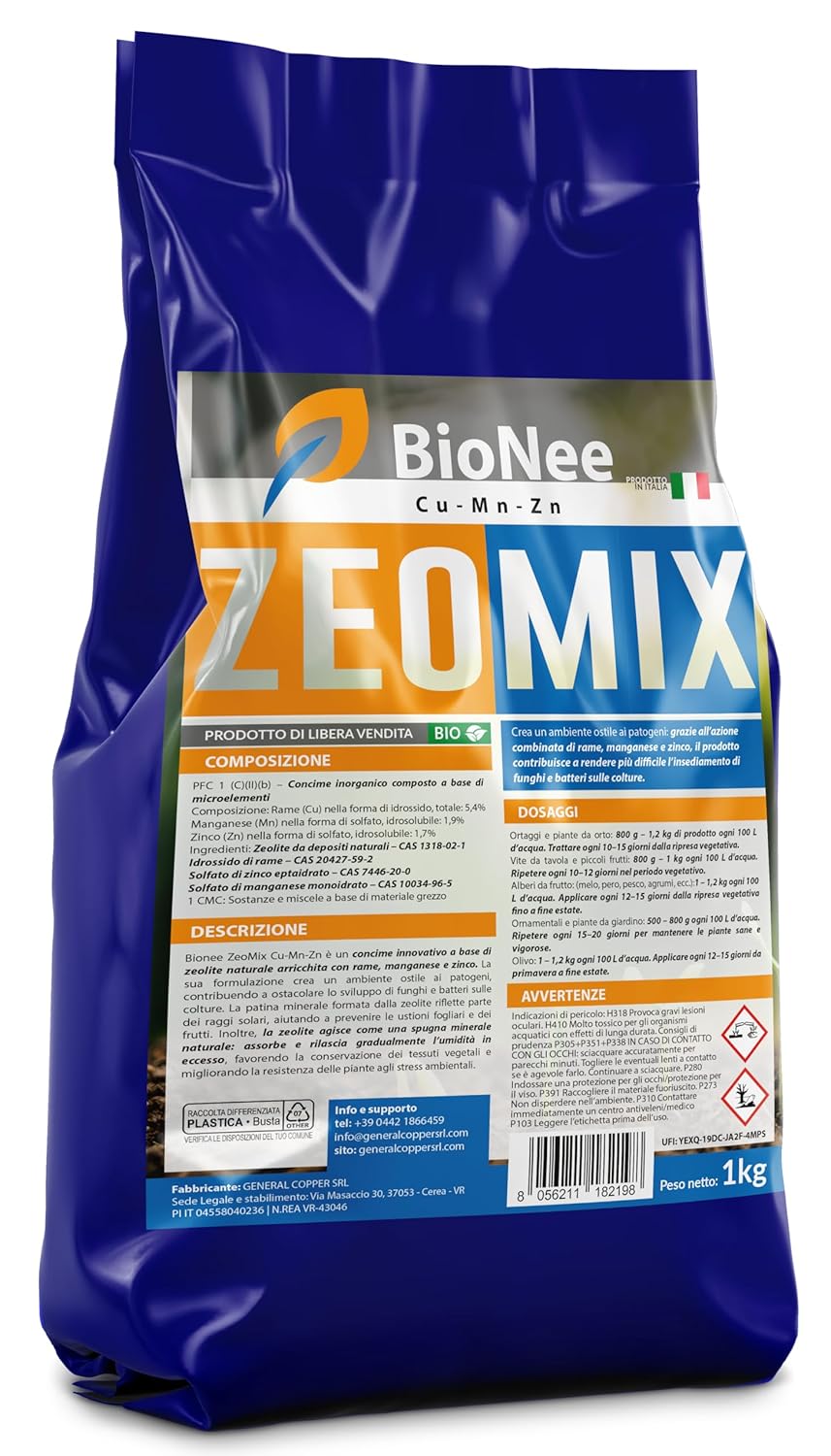 Bionee ZeoMix Cu-Mn-Zn 1 Kg – Concime Minerale a Base di Zeolite con Rame, Manganese e Zinco | Protezione Naturale da Patogeni e Stress Ambientali | Per Orto, Frutteto, Vite e Piante Ornamentali