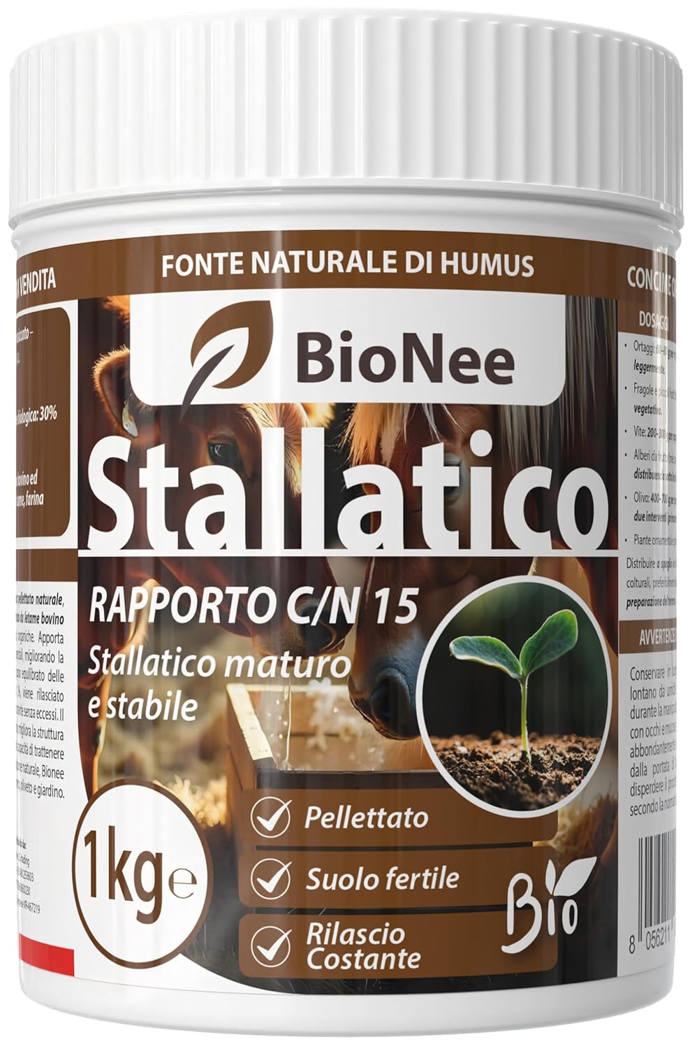 Bionee Stallatico 1 Kg – Concime Organico Naturale Pellettato | Fonte di Humus e Carbonio Organico | Consentito in Agricoltura Biologica | Per Orto, Frutteto e Giardino