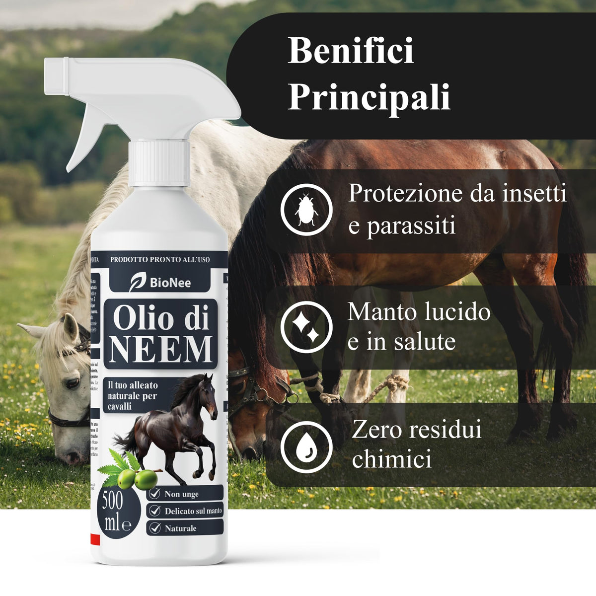 Bionee Olio di Neem Spray Cavalli 500 ml – Lozione Naturale Pronta all’Uso, Azione Protettiva contro Insetti e Parassiti, Non Unge, Delicato sul Manto, Idrosolubile