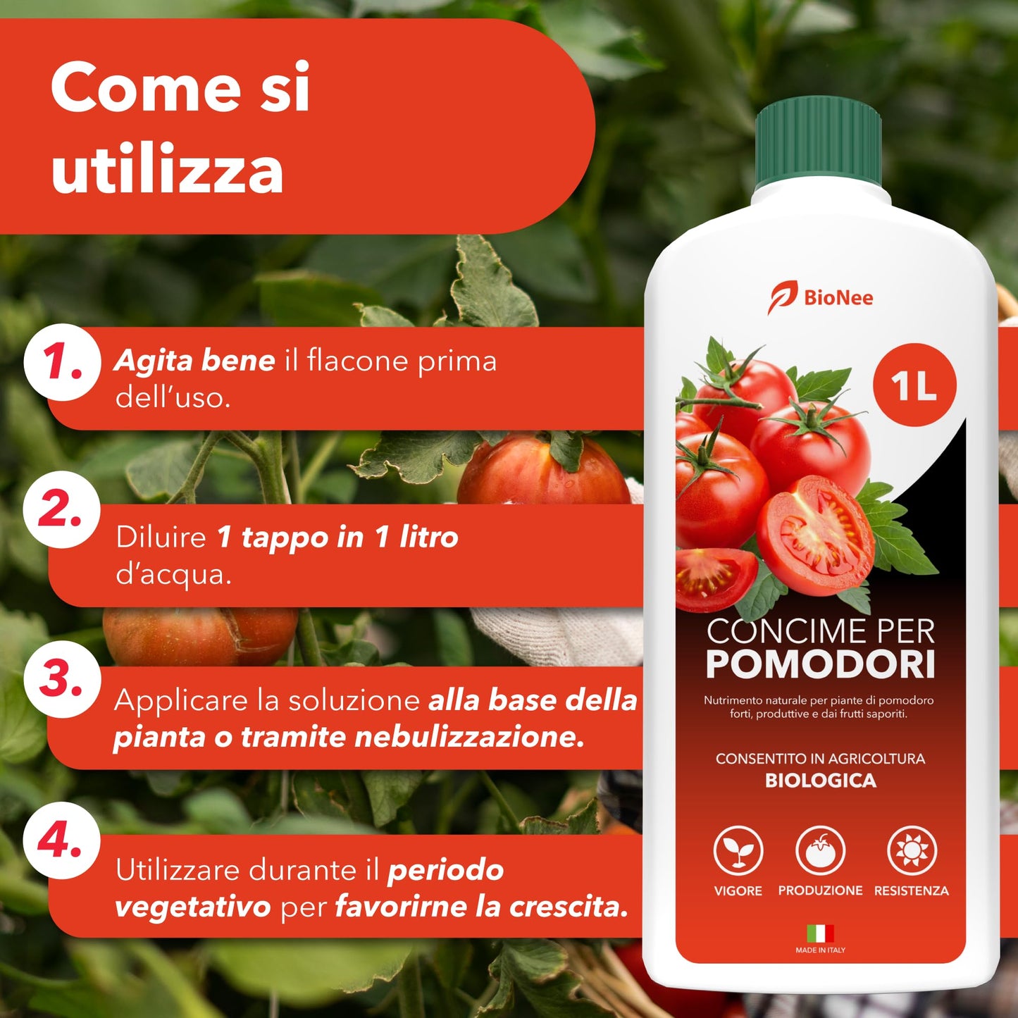 BioNee Concime Biologico per Pomodori 1L – Nutrimento Naturale per Piante Produttive e Frutti Carnosi | Esalta Colore, Gusto e Vigore | Consentito in Agricoltura Biologica