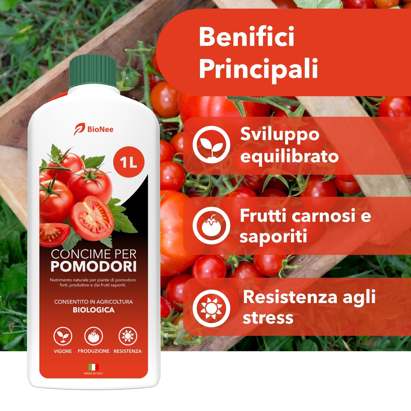 BioNee Concime Biologico per Pomodori 1L – Nutrimento Naturale per Piante Produttive e Frutti Carnosi | Esalta Colore, Gusto e Vigore | Consentito in Agricoltura Biologica