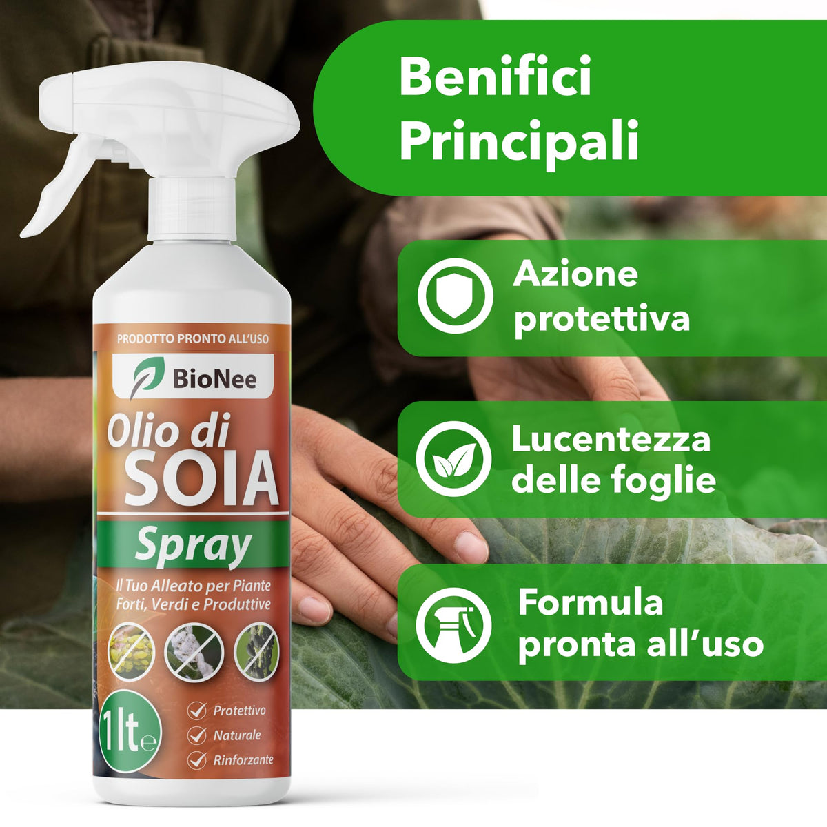 BioNee Olio Bianco di Soia Spray 1l – Protettivo Naturale per Piante, Rinforzante e Lucidante Fogliare – Pronto all’Uso