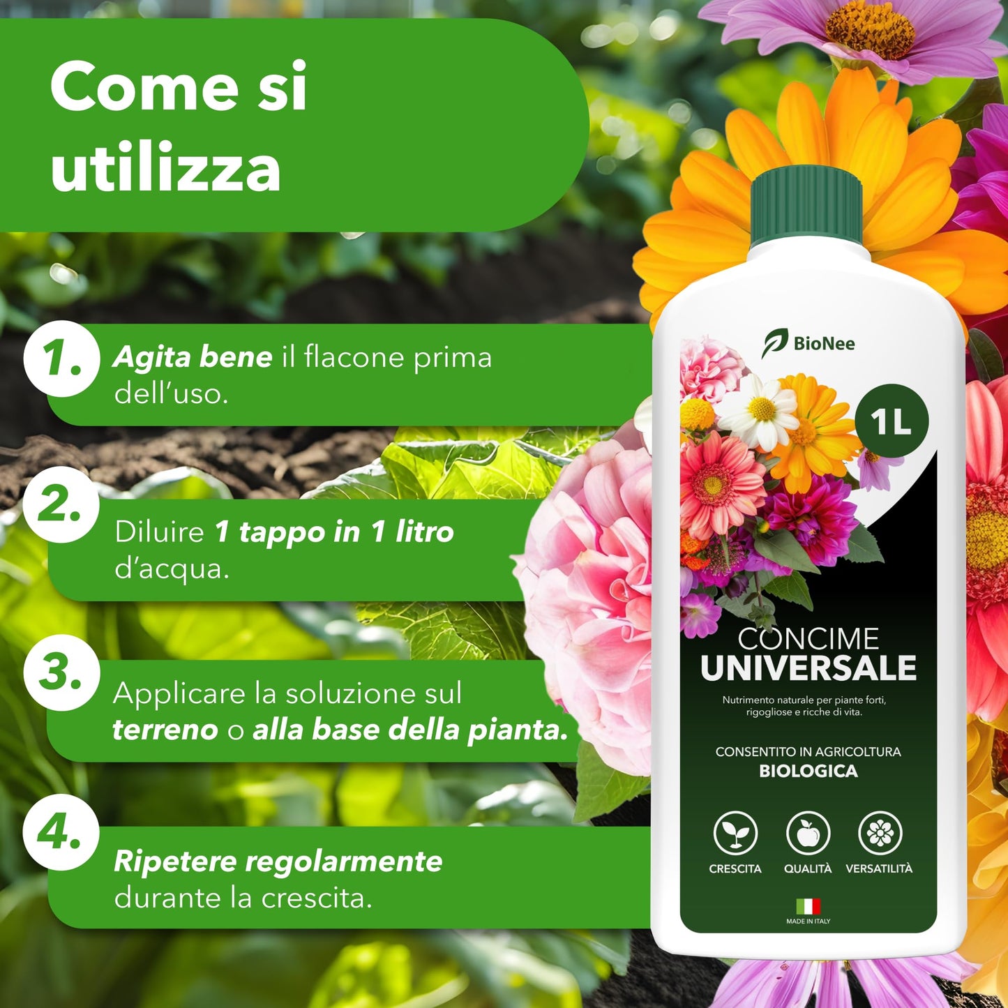 BioNee Concime Universale Biologico 1L – Nutrimento Naturale per Tutte le Piante | Crescita Equilibrata, Fertilità del Terreno e Colori più Vivi | Consentito in Agricoltura Biologica