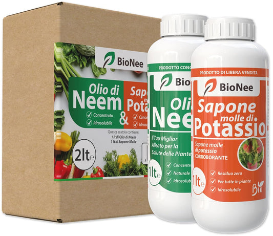 Olio di Neem - insetticida naturale biologico solubile in acqua (1 litro) + Sapone Molle di Potassio (1 litro) 