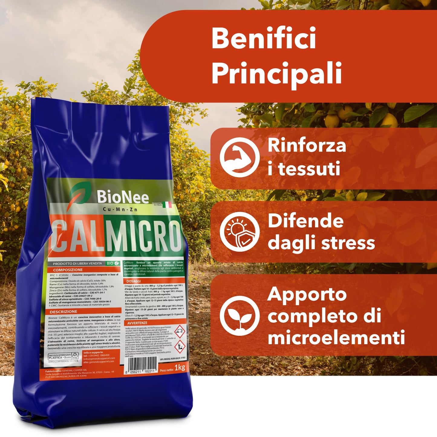 Bionee CalMicro 1 Kg – Concime a Base di Calcio Micronizzato con Rame, Manganese e Zinco | Rafforza i Tessuti Vegetali e Protegge da Stress Ambientali | Per Orto, Frutteto, Vite e Piante Ornamentali