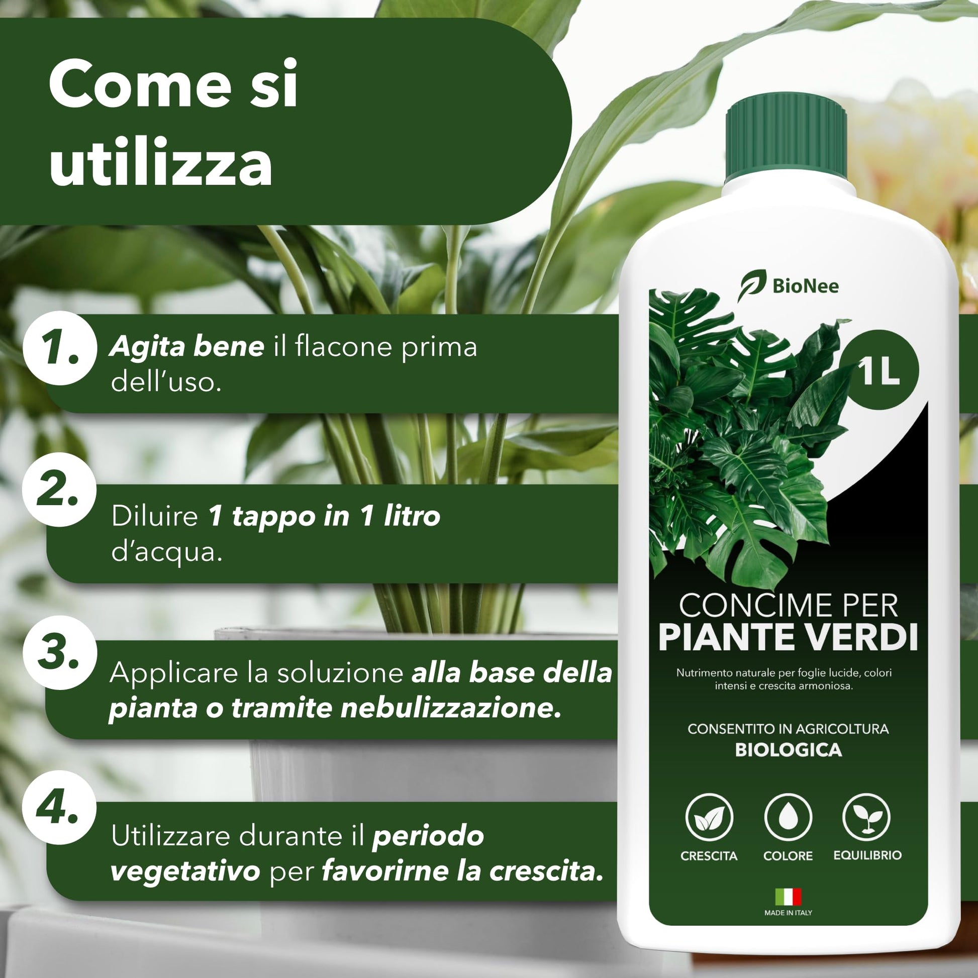 BioNee Concime Biologico per Piante Verdi 1L – Nutrimento Naturale per Foglie Lucide e Colori Intensi | Stimola Crescita e Vitalità delle Piante da Interno ed Esterno