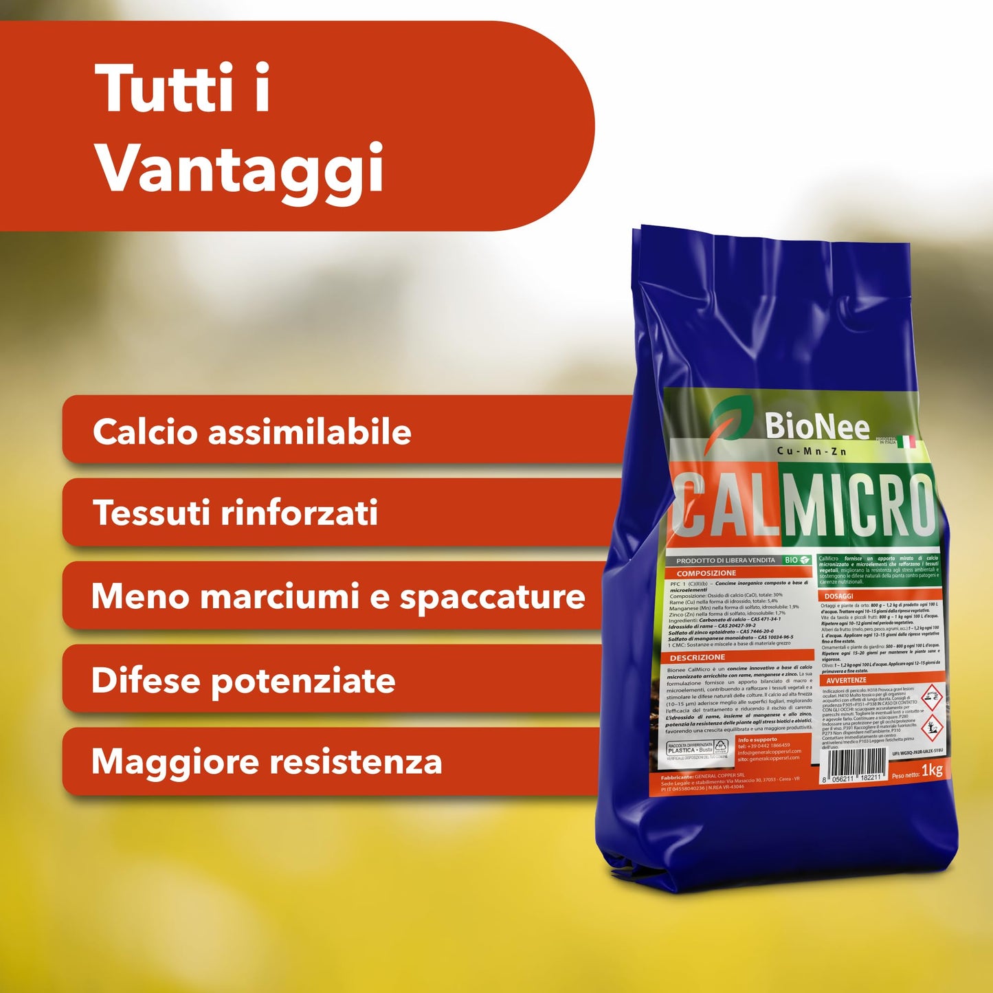 Bionee CalMicro 1 Kg – Concime a Base di Calcio Micronizzato con Rame, Manganese e Zinco | Rafforza i Tessuti Vegetali e Protegge da Stress Ambientali | Per Orto, Frutteto, Vite e Piante Ornamentali