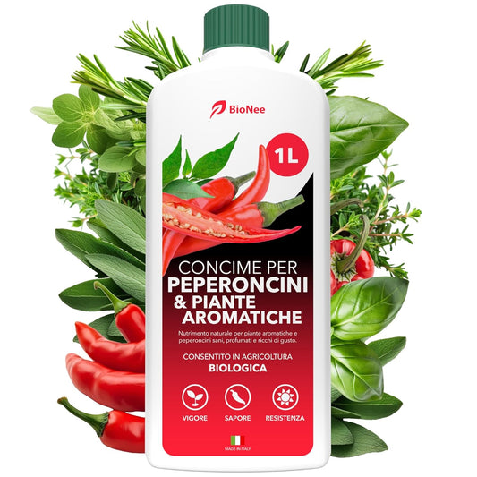 BioNee Concime Biologico per Peperoncini e Piante Aromatiche 1L – Nutrimento Naturale per Radici Forti, Foglie Profumate e Frutti dal Sapore Intenso