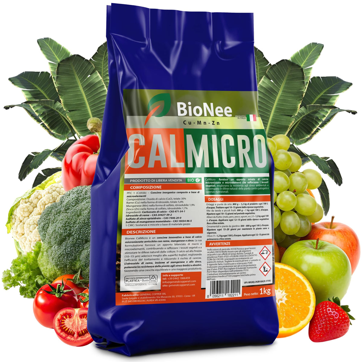 Bionee CalMicro 1 Kg – Concime a Base di Calcio Micronizzato con Rame, Manganese e Zinco | Rafforza i Tessuti Vegetali e Protegge da Stress Ambientali | Per Orto, Frutteto, Vite e Piante Ornamentali